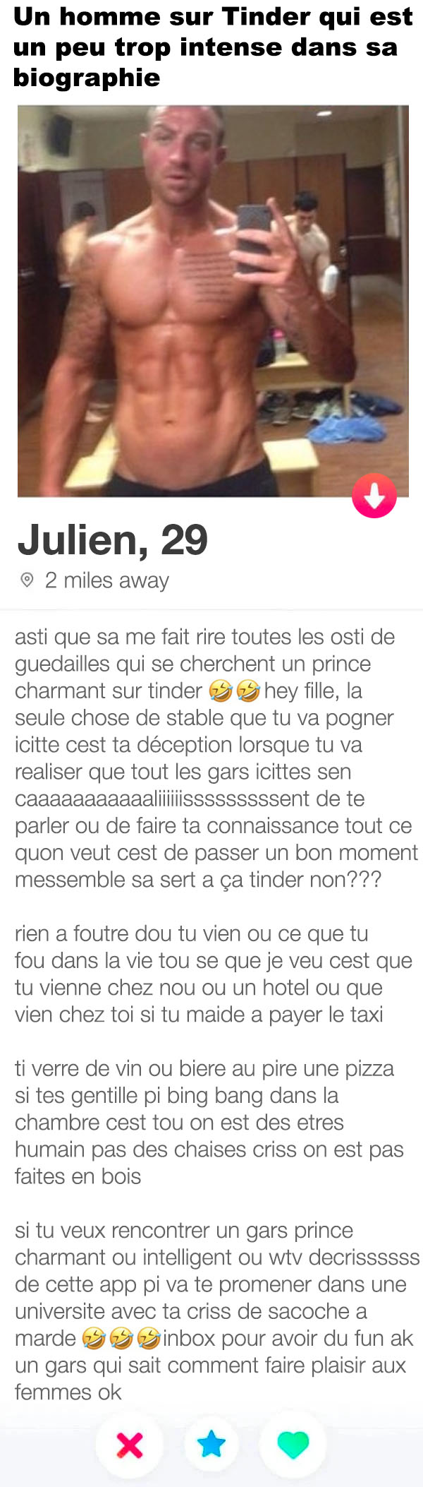Un homme sur Tinder qui est un peu trop intense dans sa biographie