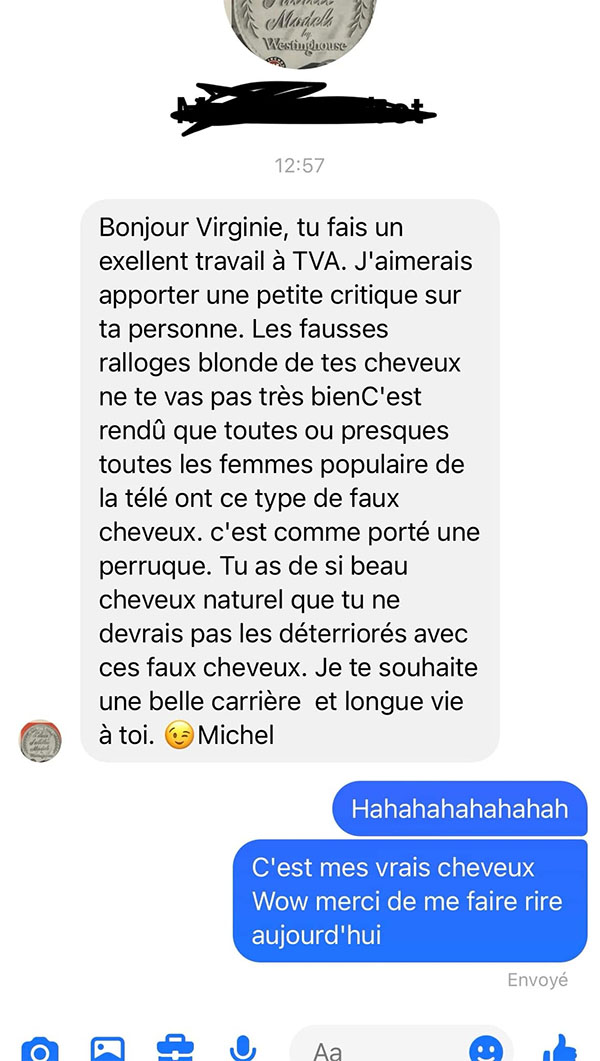 La présentatrice de météo Virginie Gagnon remet à sa place un homme qui critiquait son physique.