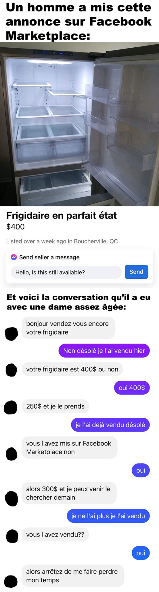 Une conversation réelle qui prouve que Facebook Marketplace au Québec