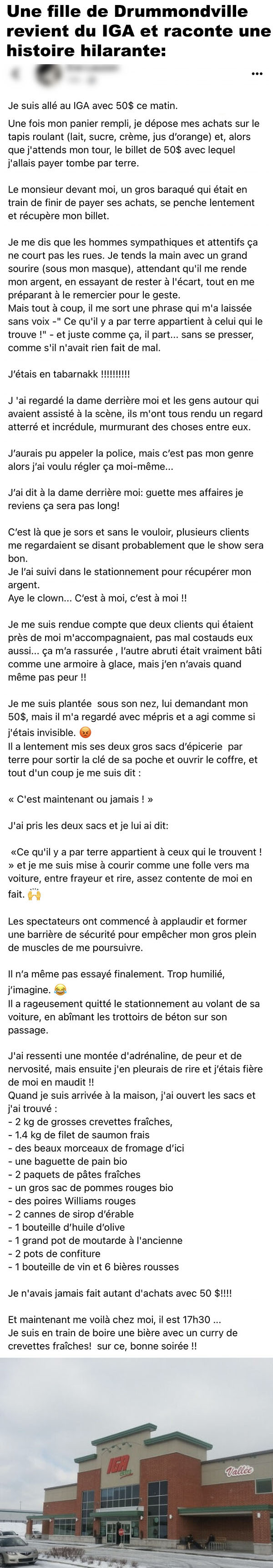 Une fille de Drummondville revient du IGA et raconte une histoire hilarante