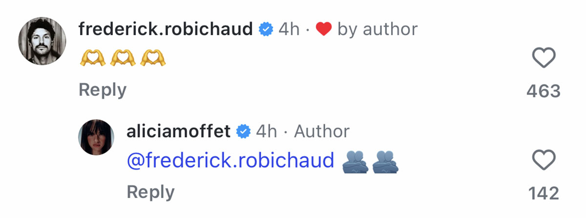 Commentaire de frederick.robichaud avec trois emojis cœur en mains, aimé par l'auteure; réponse d'aliciamoffet le mentionnant avec des emojis d'amis