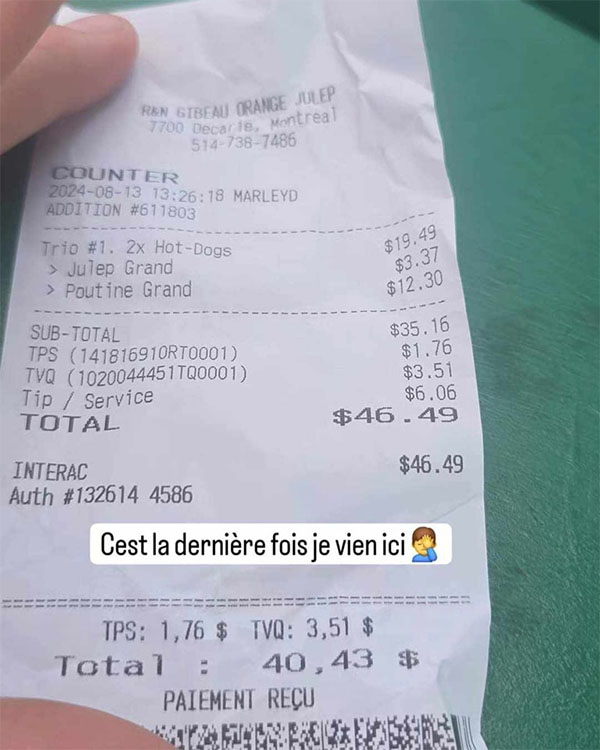 Un Québécois est scandalisé par sa facture chez Orange Julep