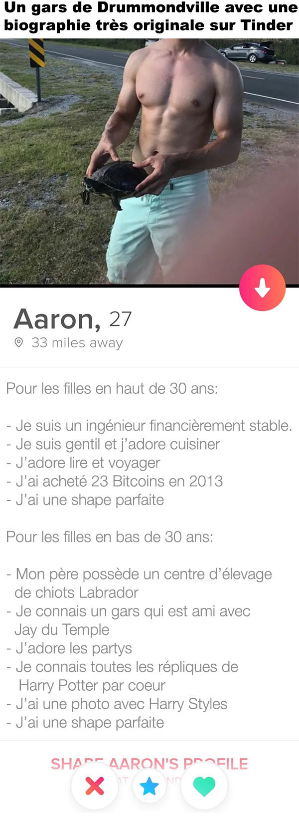 Un homme de Drummondville avec une biographie très originale sur Tinder