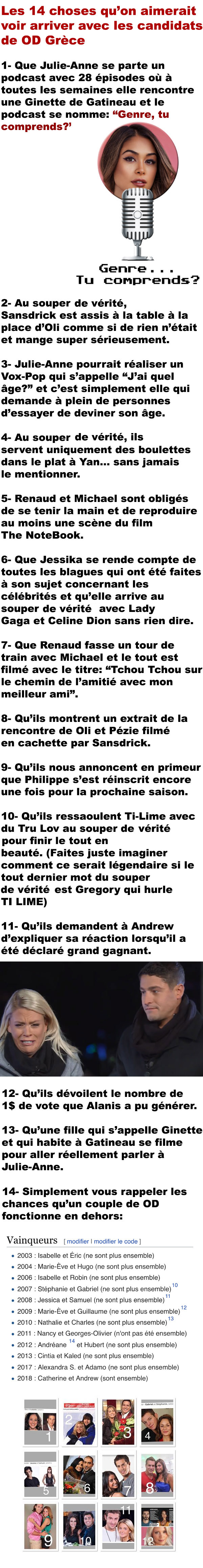 Les 14 choses qu’on aimerait voir arriver avec les candidats d’Occupation Double Grèce