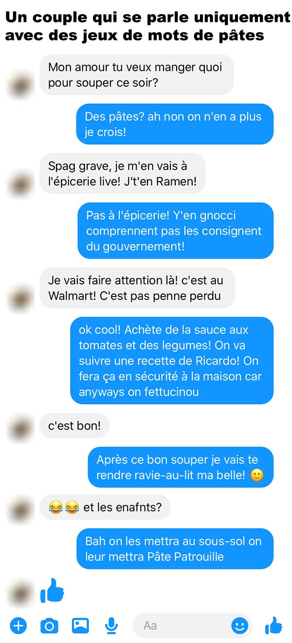 Un couple qui se parle uniquement avec des jeux de mots de pâtes