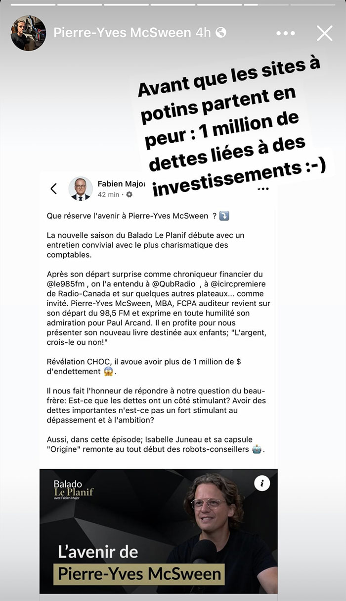 Pierre-Yves McSween se confie sur son énorme niveau d'endettement mais fait une précision très importante